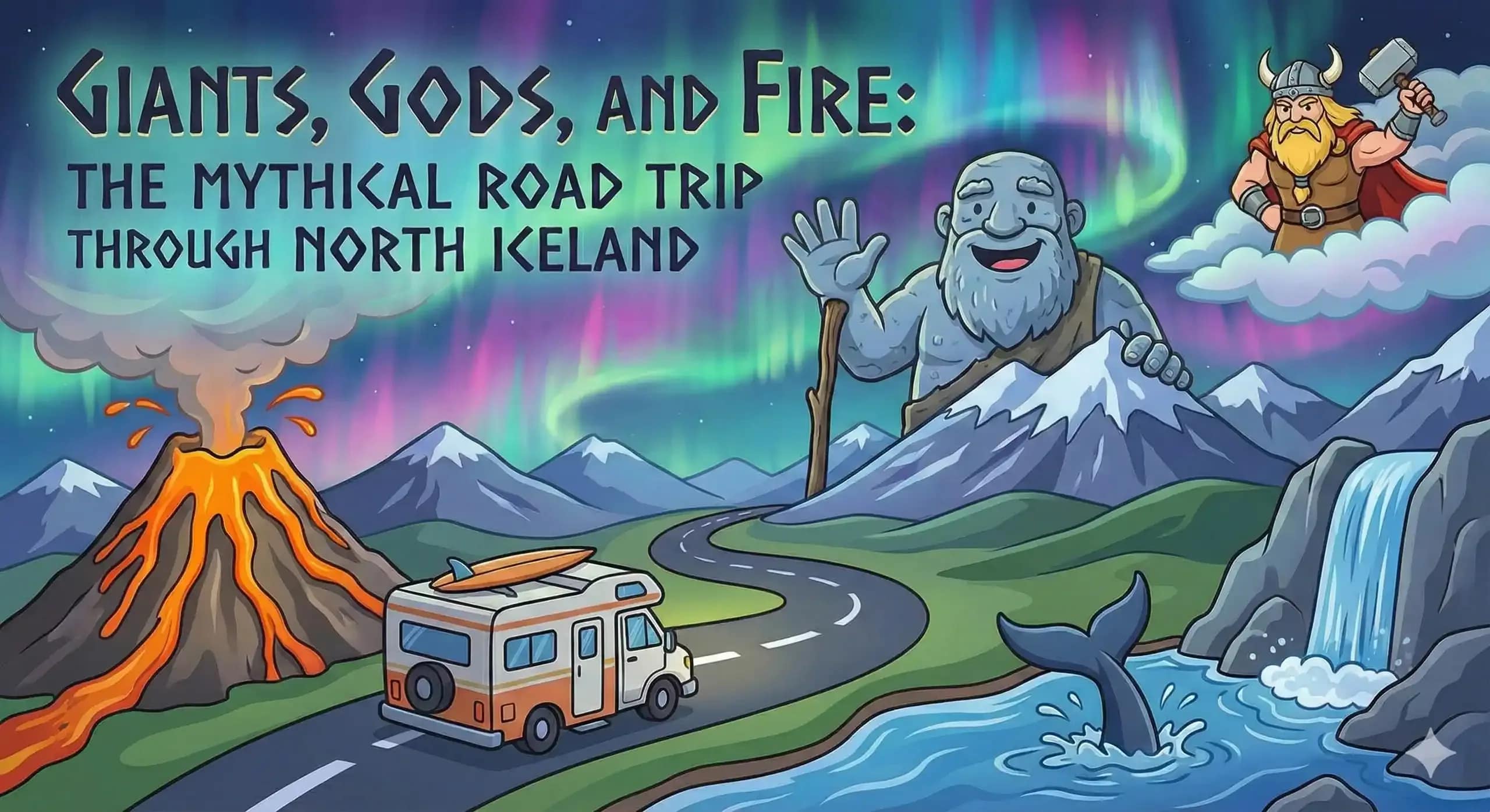 colorfull map of iceland with a campervan crossing the road and be watched by gods and trolls