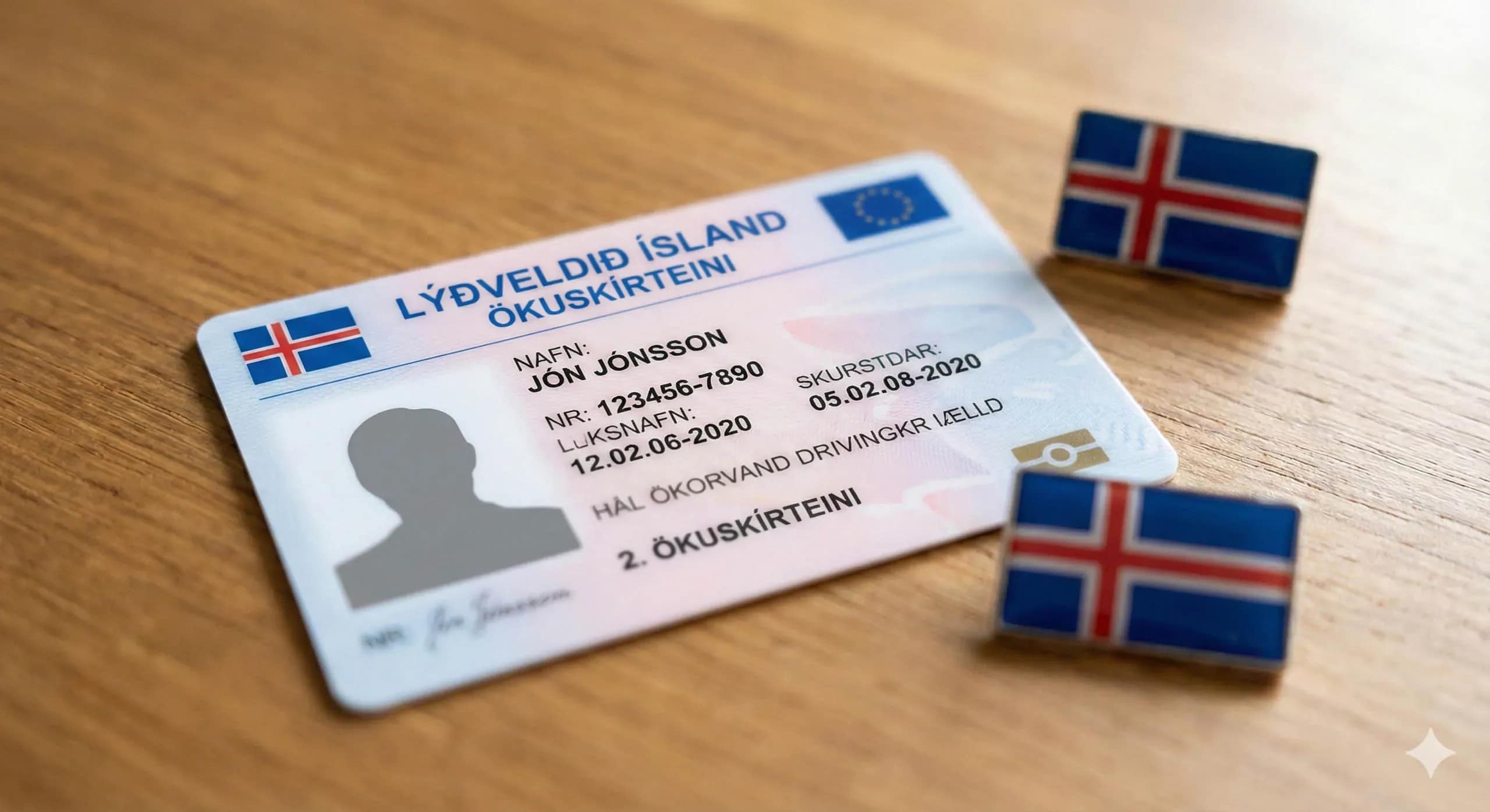 An illustrative mock-up of an Icelandic driving license (Ökuskírteini) resting on a wooden table surface. The plastic card shows the text 'LÝÐVELDIÐ ÍSLAND' and a placeholder name 'JÓN JÓNSSON' with a silhouette photo. Two small, metal pins of the Icelandic flag are placed beside the license card.