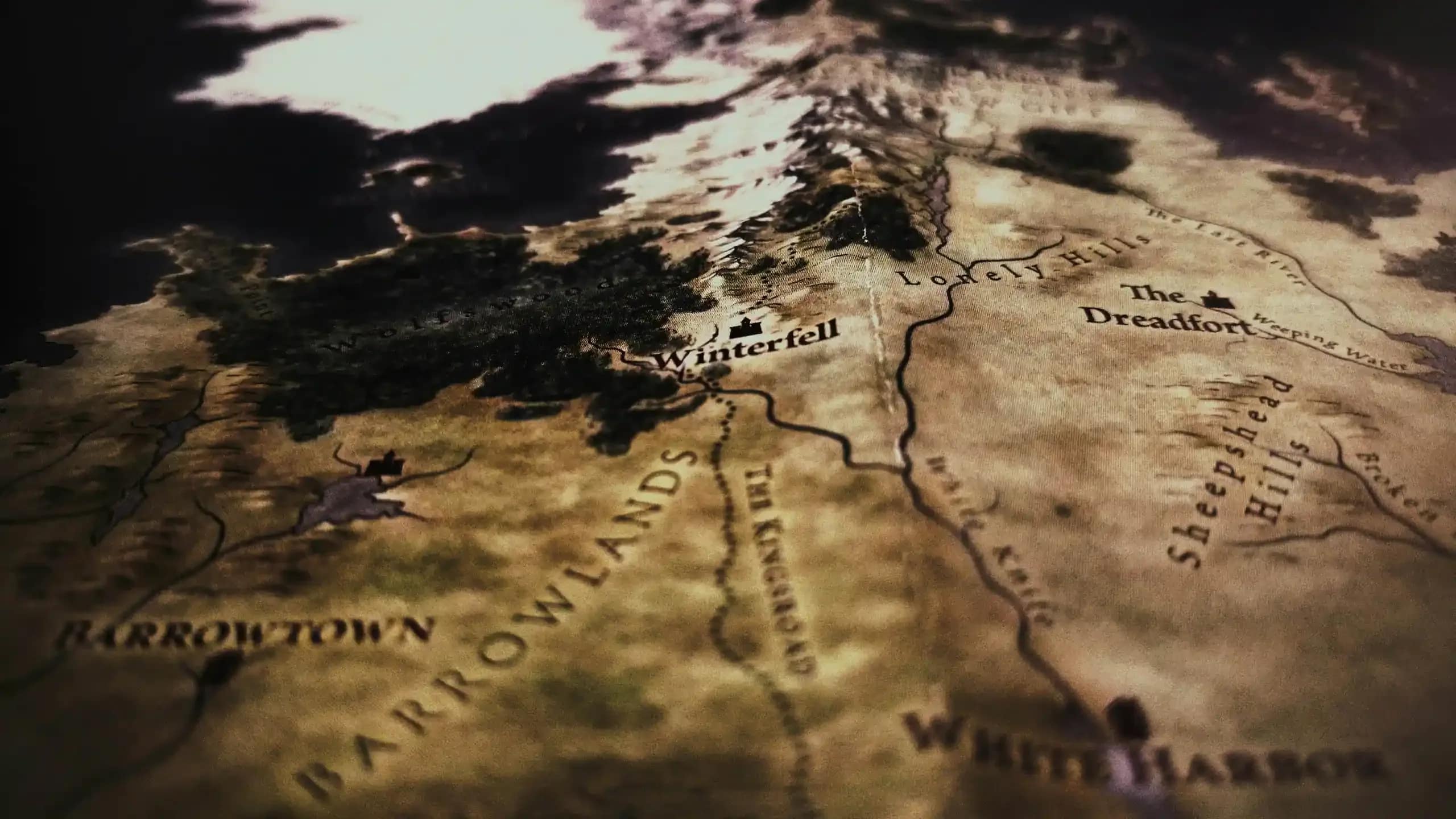 Map of Westeros with Winterfell and the North as seen in Game of Thrones series opening credits