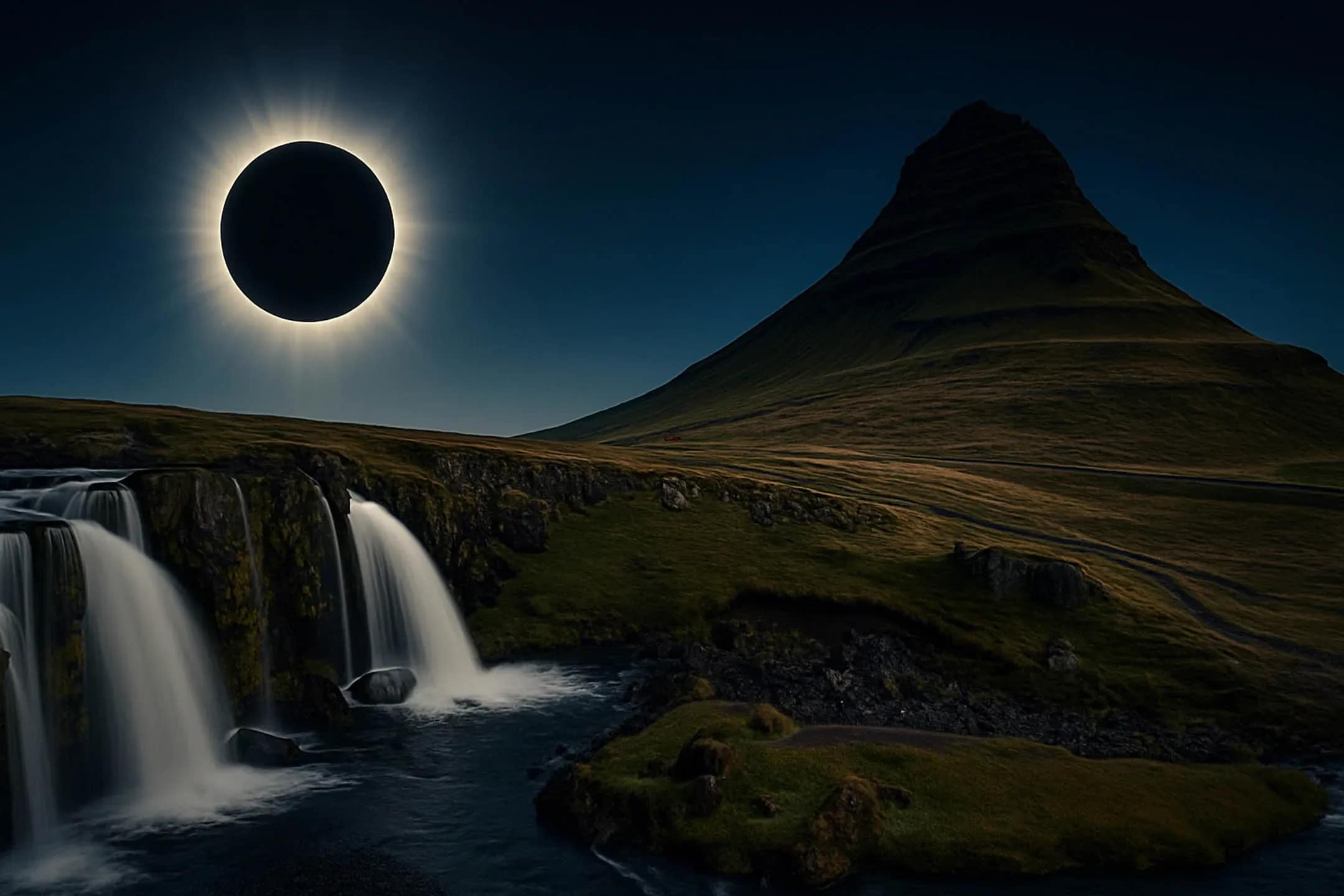 Kirkjufell mountain and Kirkjufellsfoss waterfall in Iceland under a clear sky during a total solar eclipse, with the sun’s corona glowing behind the peak