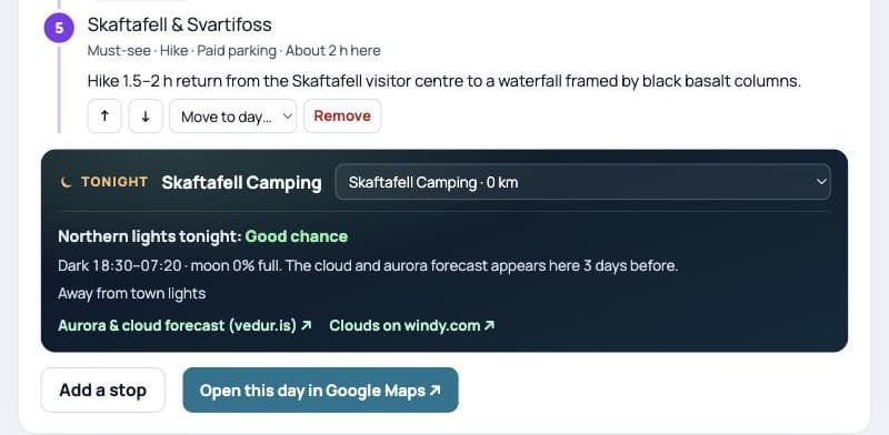 The northern lights chaser in the Foxie trip planner, rating tonight's chance from clouds, aurora activity, darkness and the moon