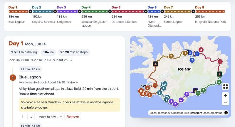 The Foxie trip planner: a map of Iceland with each day's road in its own colour, next to the day-by-day plan
