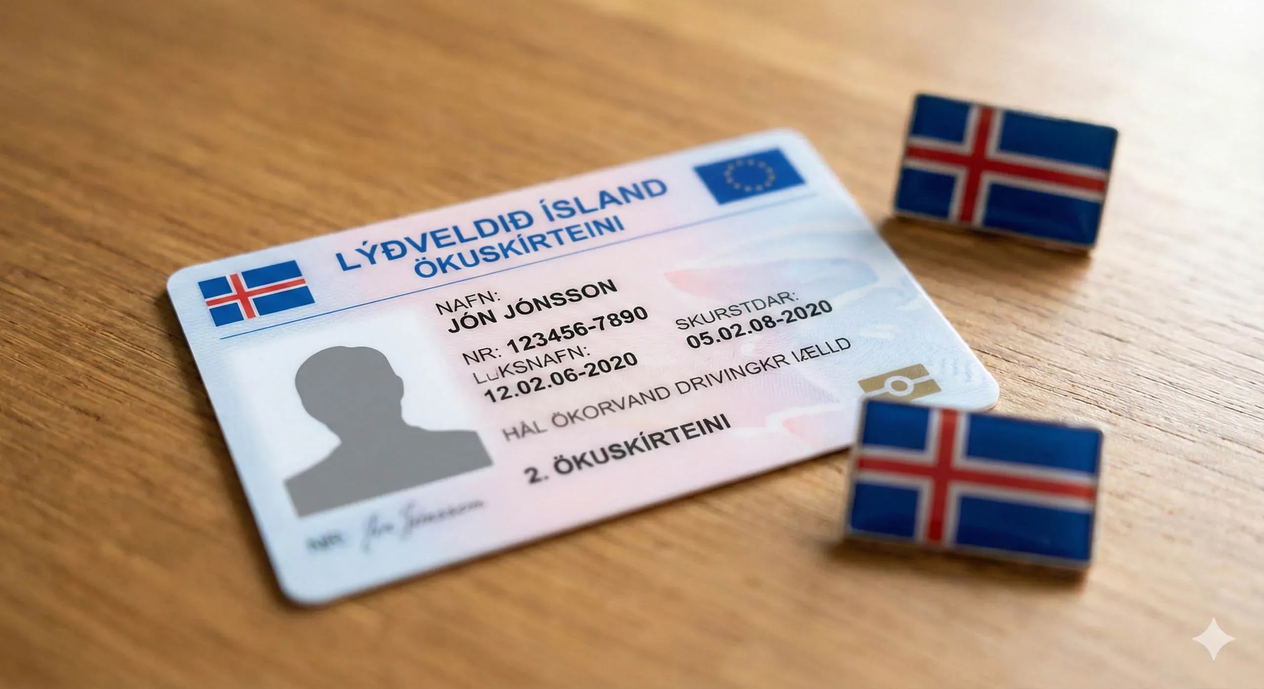 An illustrative mock-up of an Icelandic driving license (Ökuskírteini) resting on a wooden table surface. The plastic card shows the text 'LÝÐVELDIÐ ÍSLAND' and a placeholder name 'JÓN JÓNSSON' with a silhouette photo. Two small, metal pins of the Icelandic flag are placed beside the license card.