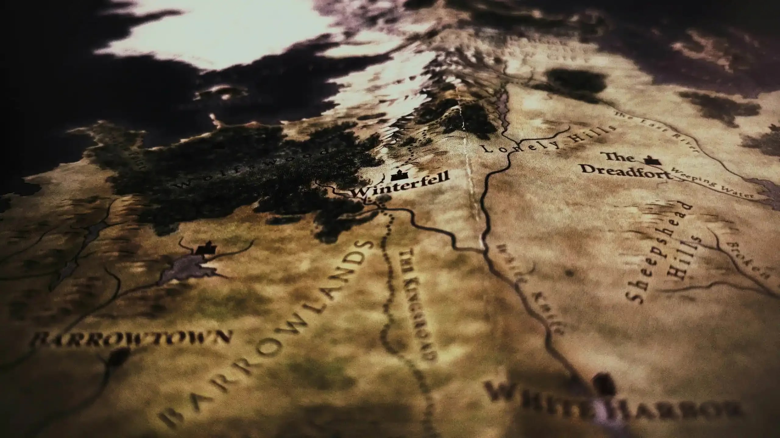 Map of Westeros with Winterfell and the North as seen in Game of Thrones series opening credits